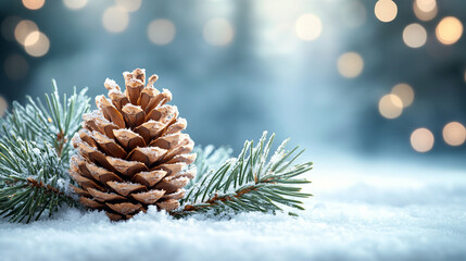 A serene winter landscape with sparkling snow, delicate pine tree branches, pine cones, and soft glittering lights in the background, creating a peaceful, festive atmosphere for the holiday season

