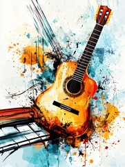 Creative explosion of musical instruments with guitars and piano notes capturing artistic energy...