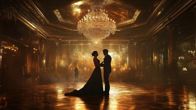 Couple shares a romantic first dance under a grand chandelier in a luxurious ballroom