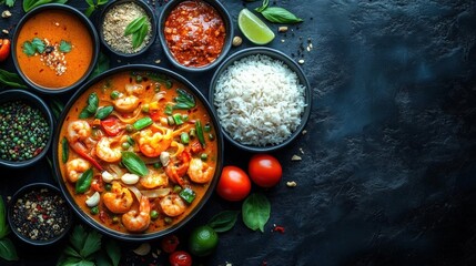 Aromatic Shrimp Curry with Rice and Assorted Condiments