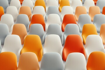 Obraz premium A meticulously crafted 3D rendering showcasing rows of modern, minimalist chairs in a dynamic palette of orange, white, and soft gray hues.