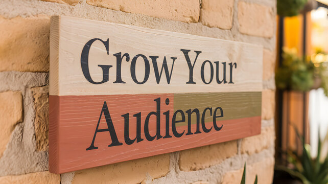 "Grow Your Audience" classic text design on a rustic wooden sign with earthy tones, mounted against a stone-textured wall, evoking a warm, handcrafted marketing message.

