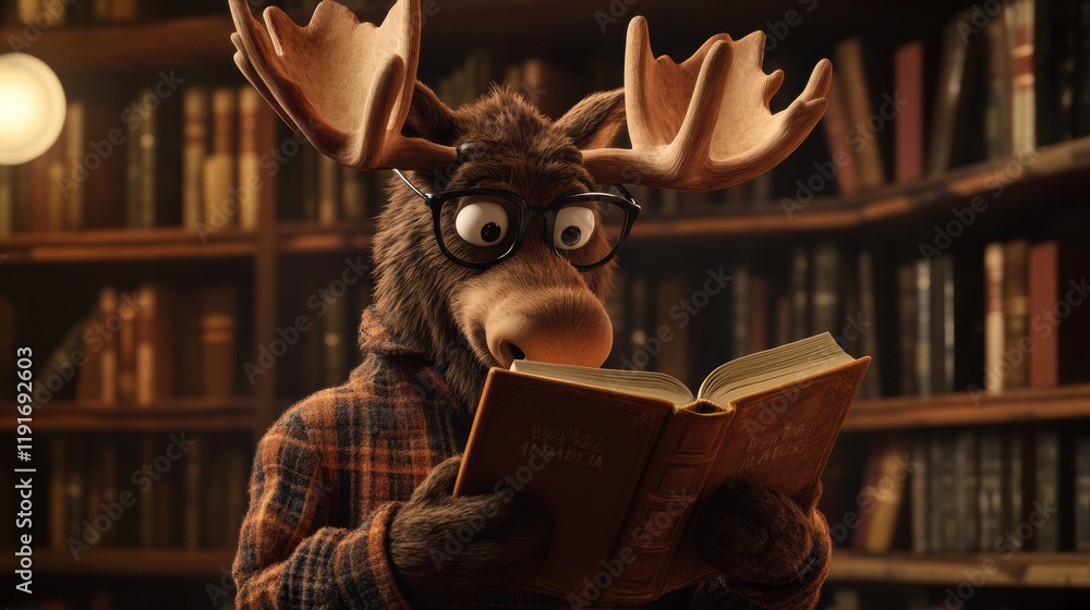 Poster moose reading a book in vintage library setting while wearing reading glasses. generative ai