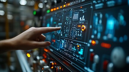 Obraz premium Factory worker controls digital interface; blurred background