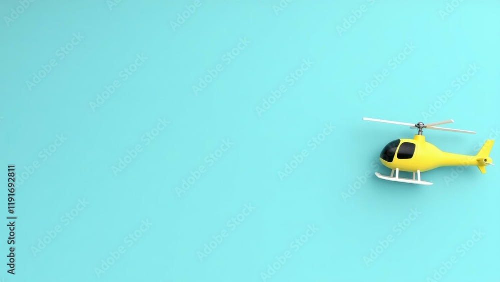 Poster yellow helicopter on left. soft green background. copy space for text, 3d render ai generated design