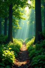 Obraz premium Deep shadows, lush summer forest, sunlight filtering through leaves, background, trees, forest