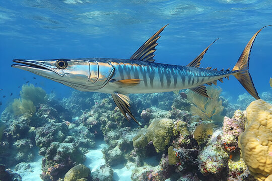 Majestic tigerfish swimming in vibrant coral reef, showcasing its striking blue and gold stripes against a backdrop of colourful marine life and underwater flora.