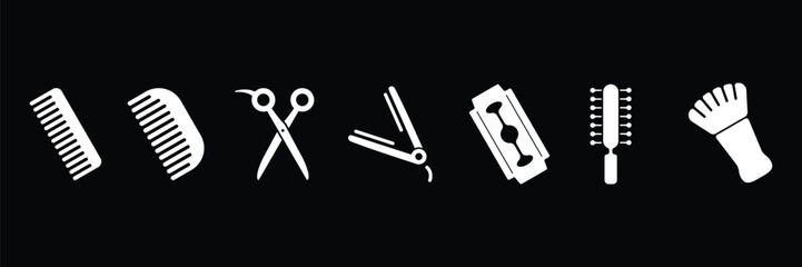 Set of Barbershop icon collection. Barbershop equipment in vintage retro style. barber scissors, razor blades, comb, mustache scissors symbol. Vector Illustration.