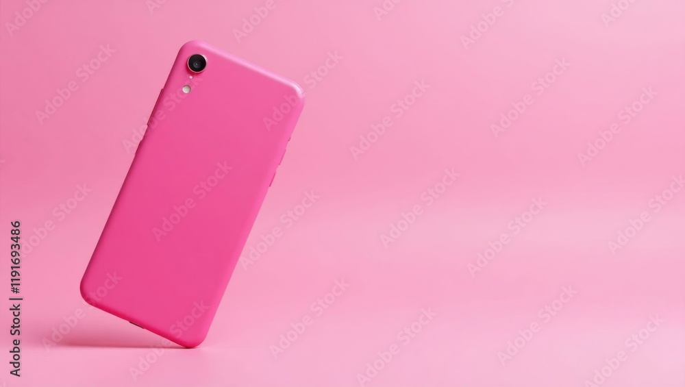 Poster electrifying neon pink smartphone on left. soft purple background. copy space for text, 3d render ai