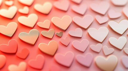 Obraz premium A 2D Valentine’s background featuring bold, geometric heart patterns in rose gold, layered over a gradient ombré of coral and blush pink for a modern and stylish look