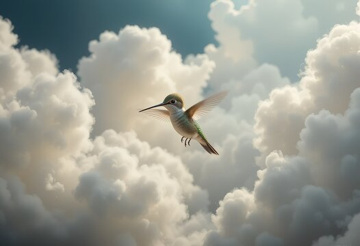 Hummingbird Soaring Through Fluffy White Clouds