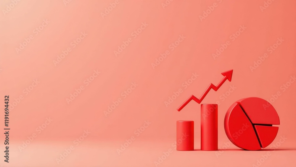 Poster rose red economic pie chart on right. soft blue background. copy space for text, 3d render ai genera