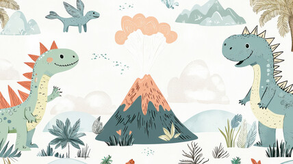 Playful dinosaur-themed wallpaper for kids featuring cartoon dinosaurs and erupting volcanoes in bright, cheerful colors, perfect for creating a fun and adventurous atmosphere in children’s rooms.
