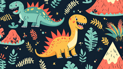 Playful dinosaur-themed wallpaper for kids featuring cartoon dinosaurs and erupting volcanoes in bright, cheerful colors, perfect for creating a fun and adventurous atmosphere in children’s rooms.

