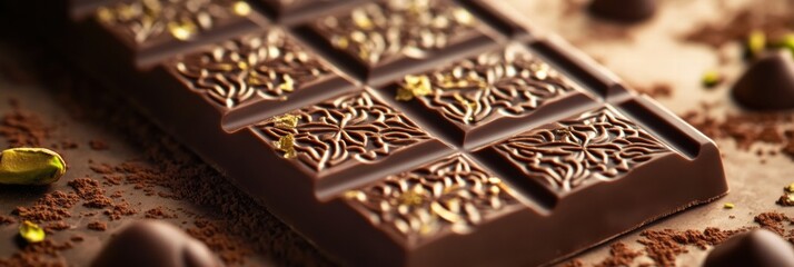 Delicious pistachio filled chocolate bar adorned with intricate arabesque patterns and gold highlights. Generative AI