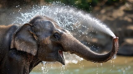 Fototapeta premium Majestic Indian Elephant Enjoying a Dip in the Water. Serene Nature Scene concept