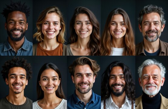 Diverse group portrait of ten people of various ages, ethnicities. Happy expressions. Collection of faces, individuals. Dark background. Portraits displayed in collage format. Neutral expressions.