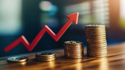 Stacks of gold coins are getting higher with a red arrow trending upwards, symbolizing successful investment and financial growth
