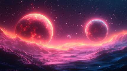 Glowing planets rise over alien landscape, digital art, space background, sci-fi design