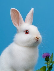Obraz premium White Rabbit and Purple Thistle on Blue Background
