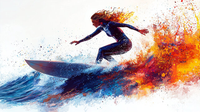 vibrant colored illustration of a woman surfer