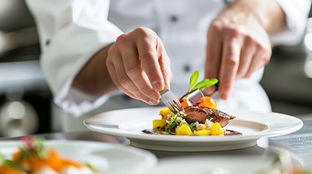 A detailed view of a chef in a professional kitchen, skillfully plating a gourmet dish, Culinary arts scene