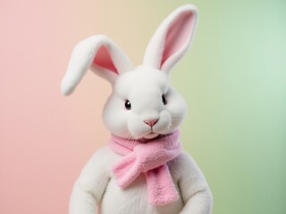 White easter bunny wearing pink scarf on colorful background