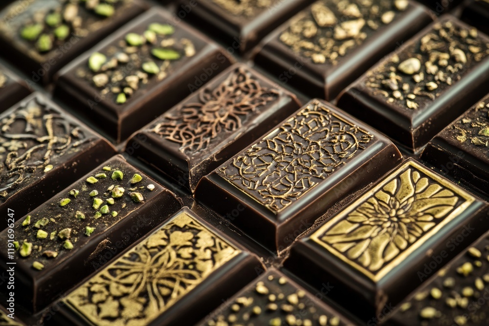 Poster pistachio chocolate bars with intricate arabesque designs and golden embellishments on display. gene