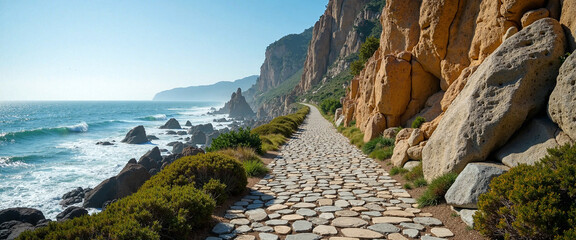 Cobbled nature path winding along rocky coastline with ocean view, bathed in warm sunlight, inviting exploration amidst lush greenery and rugged cliffs
