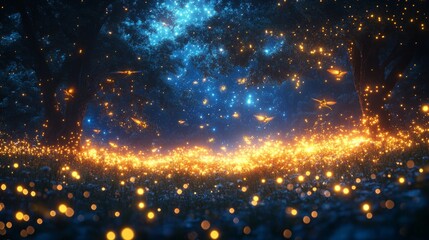Naklejka premium Enchanting Nighttime Meadow: A Symphony of Crickets and Magic Under the Stars