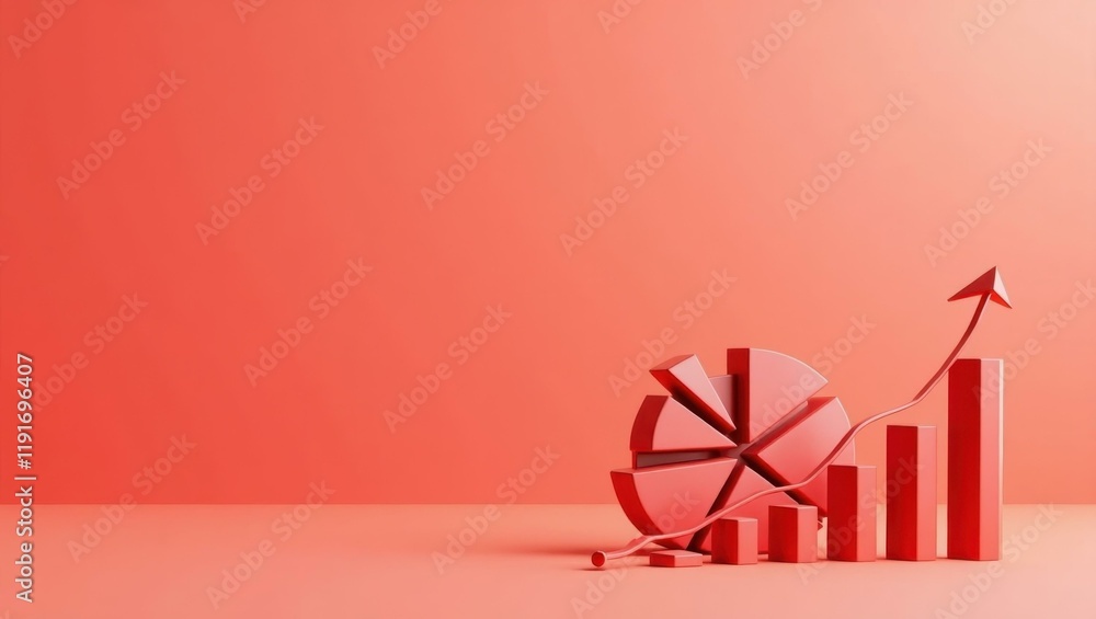 Poster rose red economic pie chart on right. soft blue background. copy space for text, 3d render ai genera