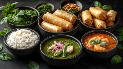 Aromatic Thai Cuisine: Shrimp Curry, Spring Rolls and Rice.  A vibrant and colorful display of fresh ingredients, including basil, peanuts, and vibran