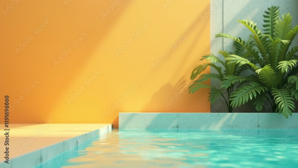 Poster jade green swimming pool on left. soft green background. copy space for text, 3d render ai generated