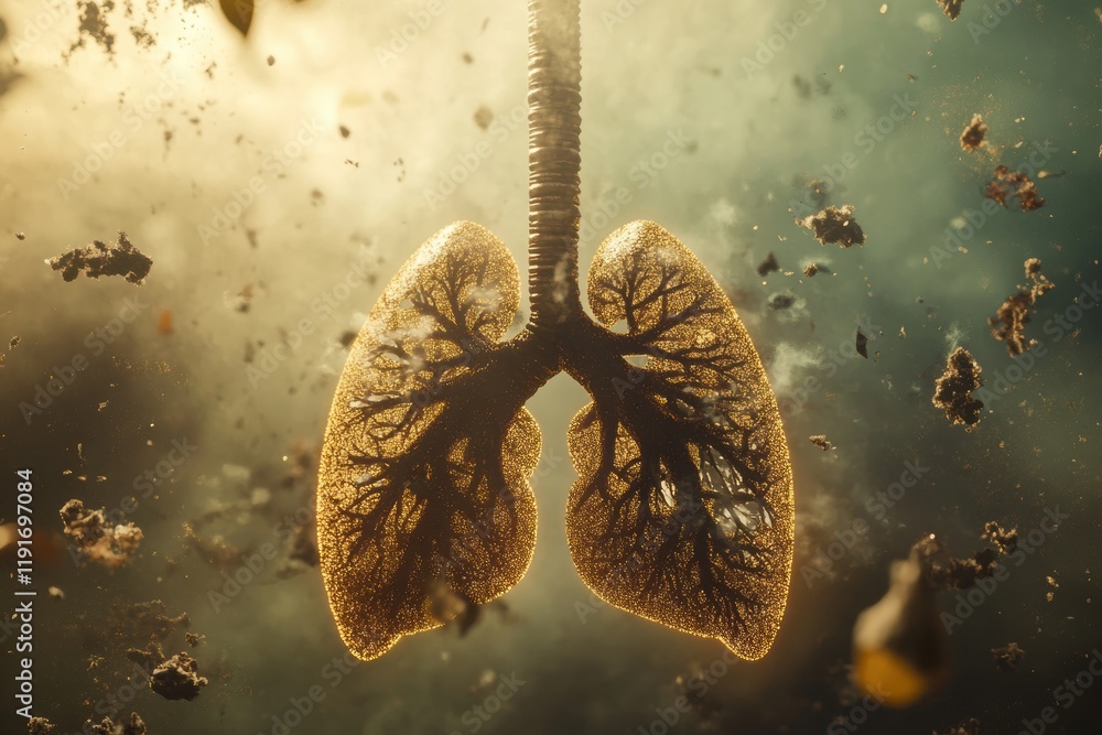 Poster realistic lungs depicted amidst swirling smog and dust particles conveying the impact of pollution o