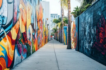 Fototapeta premium Vibrant graffiti art lines urban alleyway.