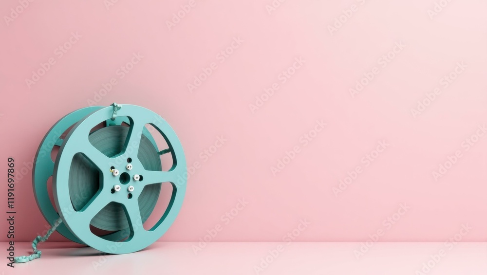 Poster deep turquoise film reel on right. soft red background. copy space for text, 3d render ai generated 