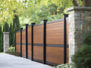 A Charming Wooden Fence with Sleek Black Metal Accents and a Gate, Elegantly Framed by Sturdy Stone Pillars for Enhanced Security and Style.