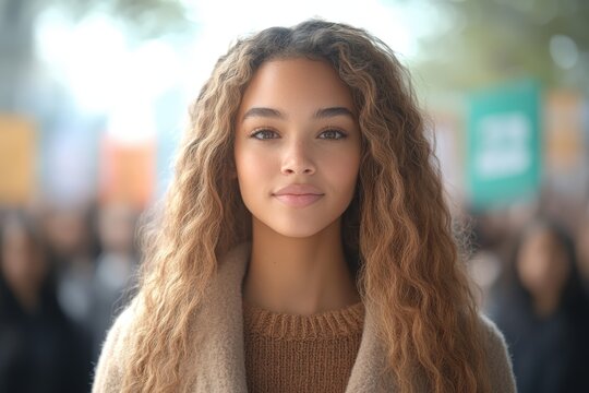 Portrait of a young mixed race woman with long curly brown hair, wearing a brown sweater and beige coat.