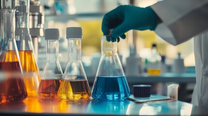A detailed view of a chemical engineer conducting experiments with renewable energy solutions in a laboratory, Renewable chemistry scene, Sustainable innovation style