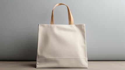 A white canvas bag with a brown handle sits on a wooden surface