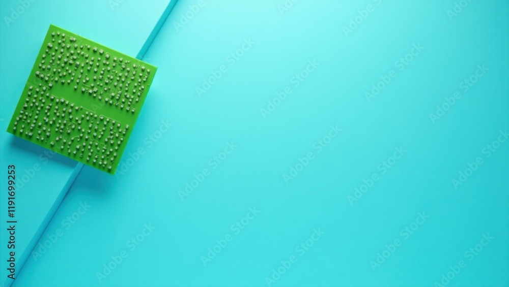 Poster green circuit board piece on left. soft red background. copy space for text, 3d render ai generated 