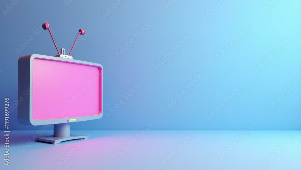 Poster magenta television antenna on left. soft yellow background. copy space for text, 3d render ai genera