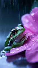 Green Frog Resting on a Flower Petal in a Gentle Rainfall