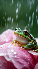 Vibrant Green Frog with Red Eyes Sitting on a Flower in the Rain