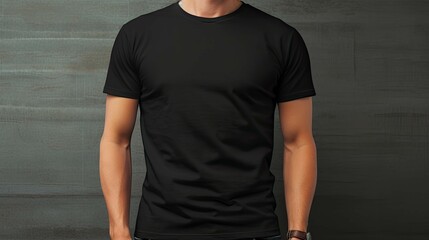 A man is wearing a black shirt and standing in front of a wall