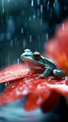 Red-Eyed Frog on a Red Flower in a Rainy Tropical Scene