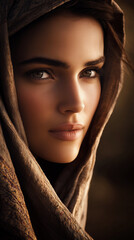 Close-Up Portrait of a Woman in a Light Brown Veil with Intense Gaze
