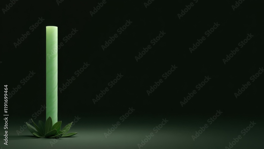 Poster sage green incense stick on left. soft black background. copy space for text, 3d render ai generated