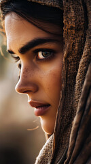 Woman's Freckled Profile Draped in Rustic Brown Fabric