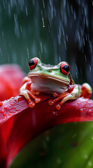 Vibrant Red-Eyed Tree Frog on a Rainy Day